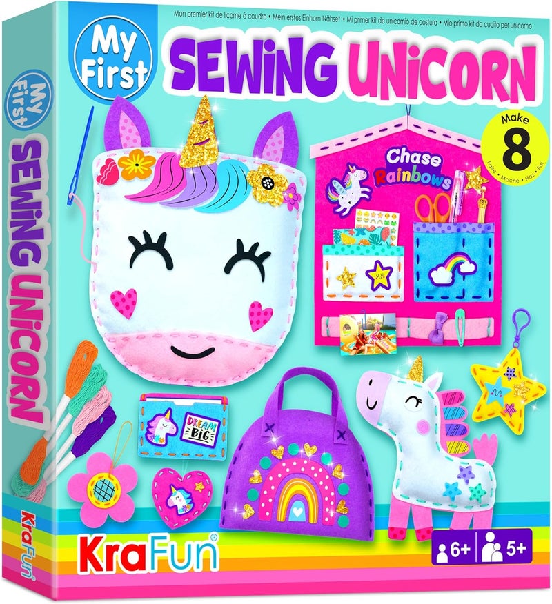 KRAFUN My First Unicorn Kids Sewing kit, Beginner Arts & Crafts, Make 8 Cute Projects with Plush Stuffed Animal, Pillow, Mobile, Keyring and Bag, Instructions & Felt for Learn Sewing, Embroidery - Image 1